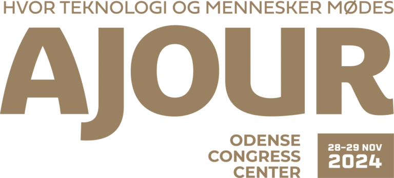 Logo for Ajour 2023 med teksten "HVOR TEKNOLOGI OG MENNESKER MØDES" øverst. Under denne tekst står "AJOUR" skrevet med store, fede bogstaver. Nederst til højre står der "ODENSE CONGRESS CENTER" og datoerne "3-24 NOV 2023". Farveskemaet er i en metallisk bronze eller guld.