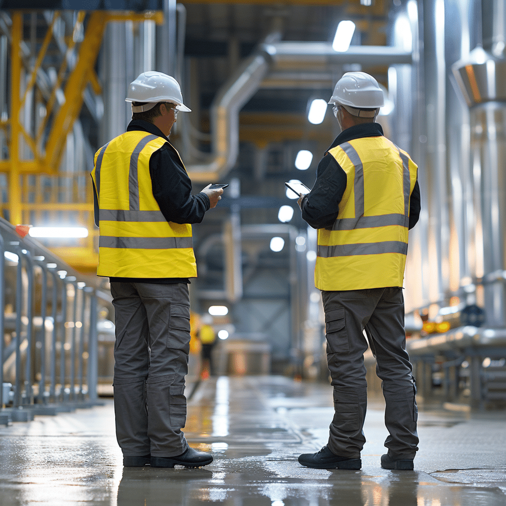 To industrimedarbejder med sikkerhedshjelm og gulvest. Står i industrielt miljø