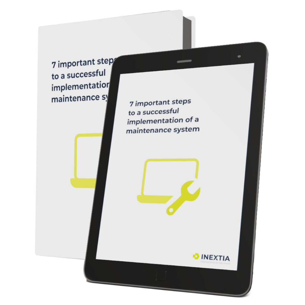 Billede af en bog og en tablet, begge med forsiden af en e-bog med titlen '7 vigtige steps til en succesfuld implementering af et vedligeholdssystem' fra virksomheden INEXTIA