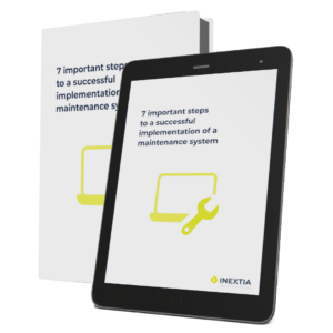 Billede af en bog og en tablet, begge med forsiden af en e-bog med titlen '7 vigtige steps til en succesfuld implementering af et vedligeholdssystem' fra virksomheden INEXTIA