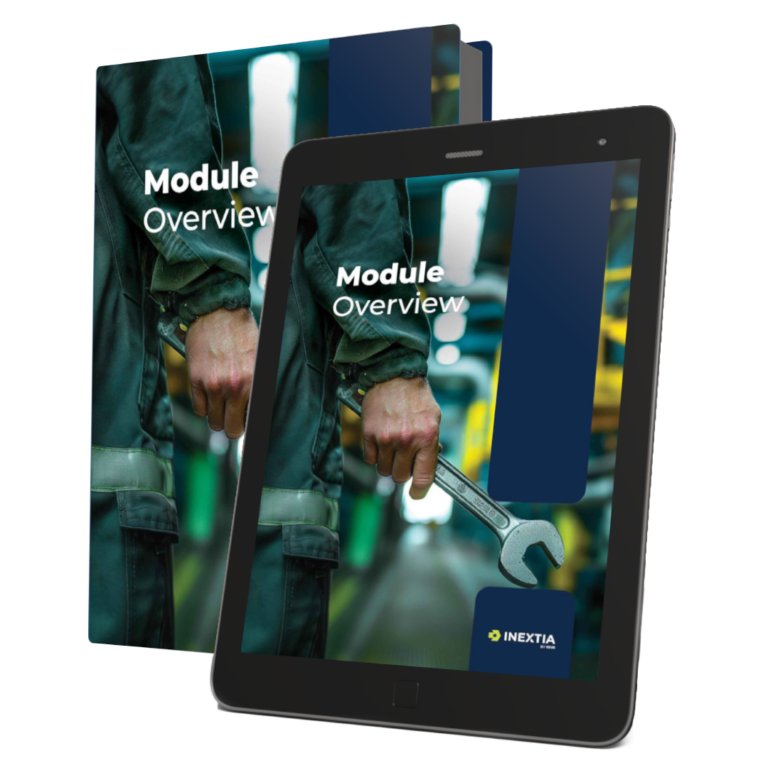 Billede af en tablet og en bog med titlen 'Modul Oversigt'. En medarbejder i et industriel fabriksmiljø. INEXTIA-logoet er synligt nederst