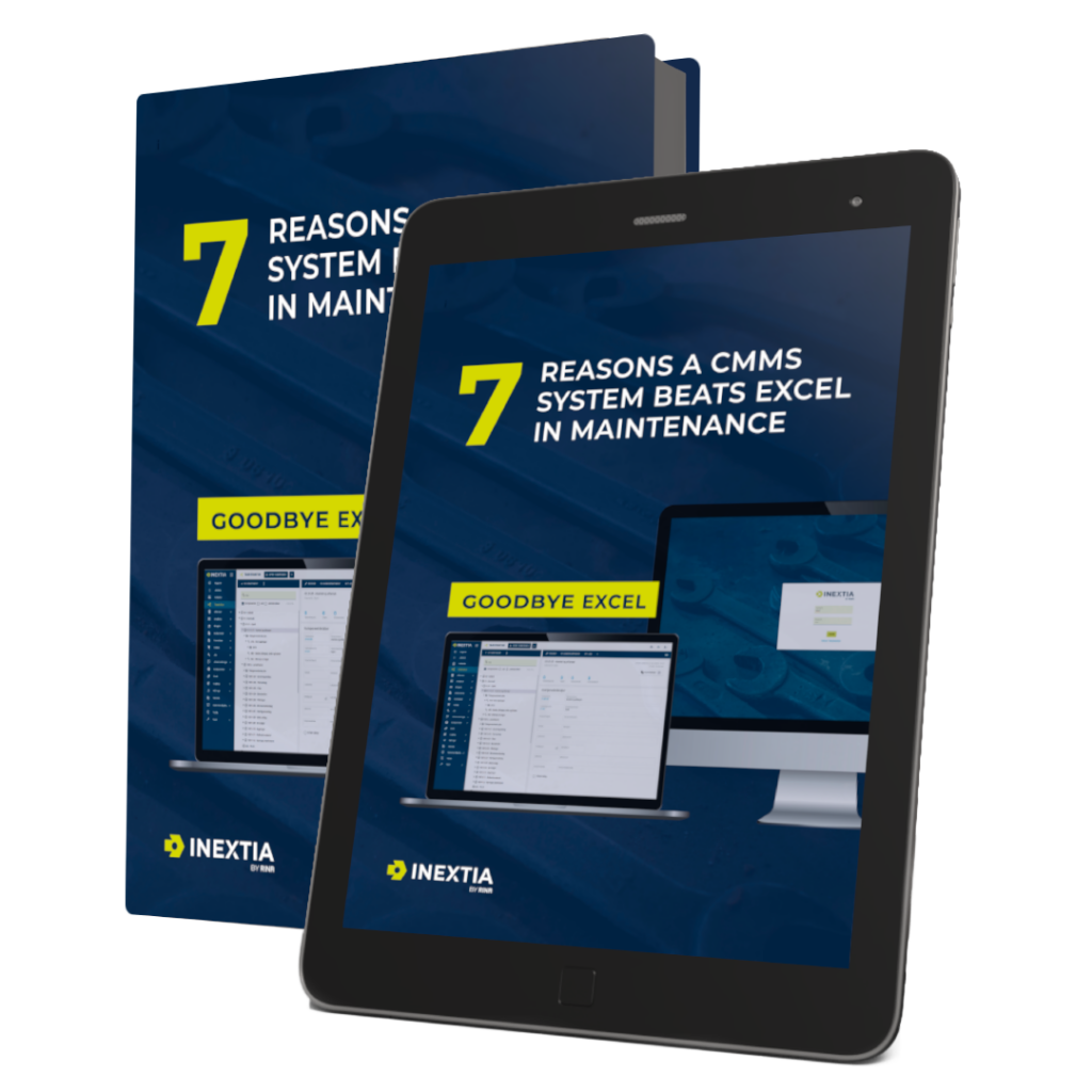 Billedet viser et katalog og en tablet, begge med forsiden af et katalog med titlen "7 Grunde til du ikke skal vælge Excel som vedligeholdssystem" Nederst er INEXTIA's logo synligt.