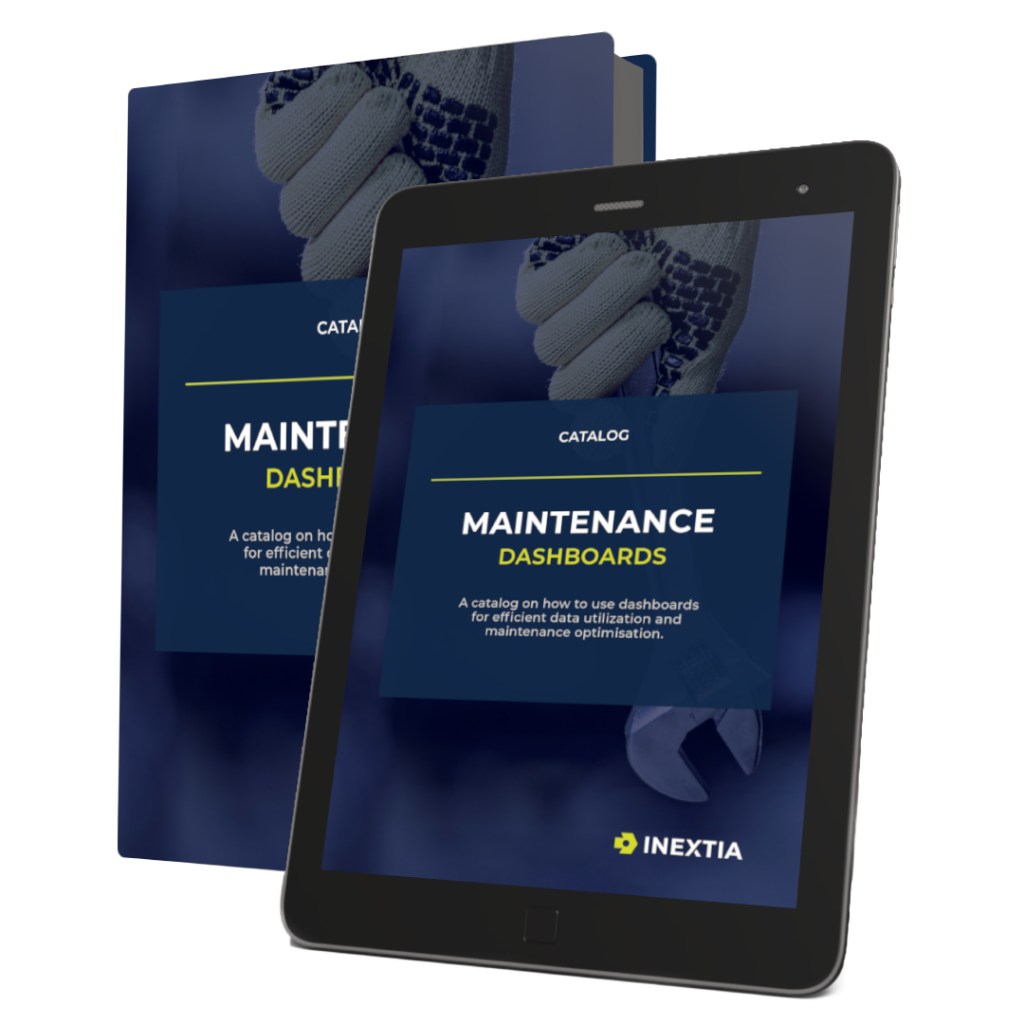 Billedet viser et katalog og en tablet, begge med forsiden af et katalog med titlen "VEDLIGEHOLD DASHBOARDS." På forsiden står der: "Et katalog om hvordan du bruger dashboards til effektiv anvendelse af data og optimering af vedligehold." Øverst står der "KATALOG," og nederst er INEXTIA's logo synligt. Baggrunden viser en hånd i en arbejdshandske, der holder et værktøj.