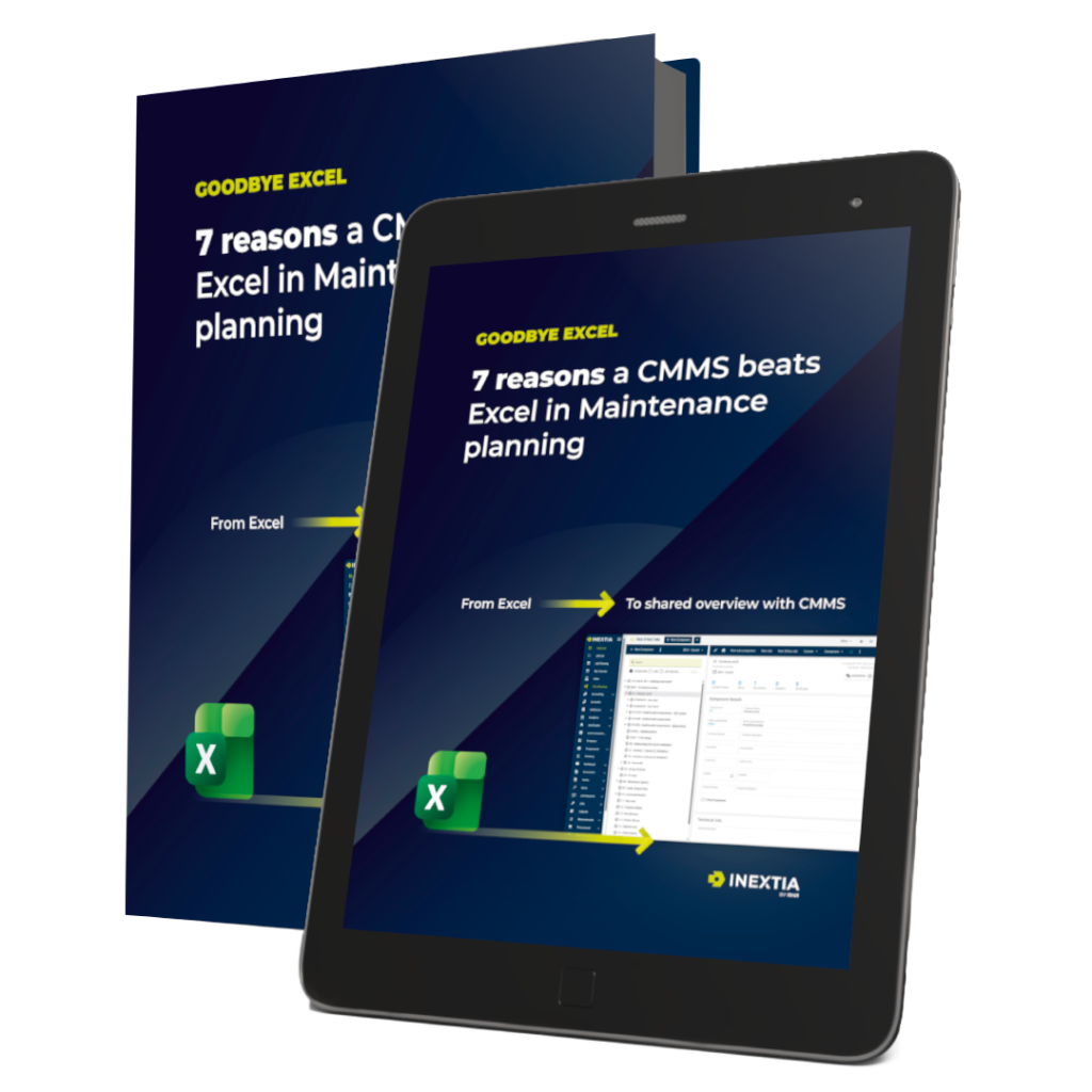 The image shows a catalog and a tablet, both with the front of a catalog titled "7 reasons why you should not choose Excel as your maintenance system" The INEXTIA logo is visible at the bottom.
